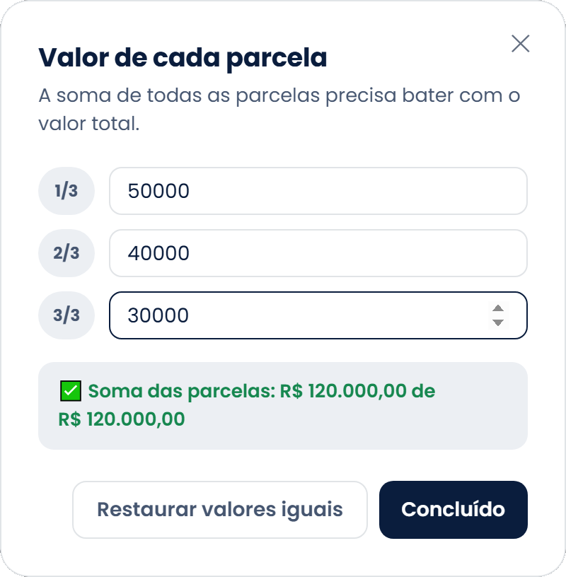 Popup Valor de cada parcela, com o valor de cada parcela e a conferência da soma