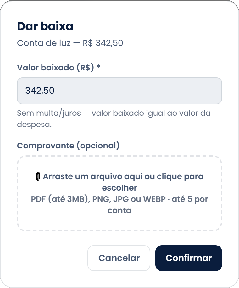 Popup Dar baixa, com o valor baixado e o comprovante anexado