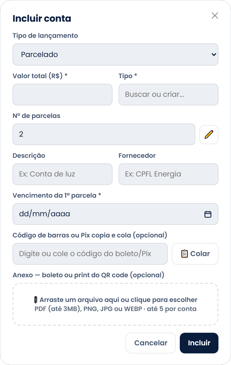 Popup Incluir conta com o tipo de lançamento Parcelado e o campo de número de parcelas