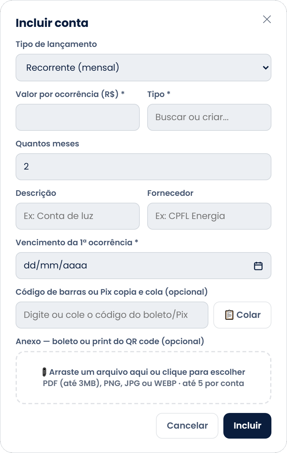 Popup Incluir conta com o tipo de lançamento Recorrente mensal