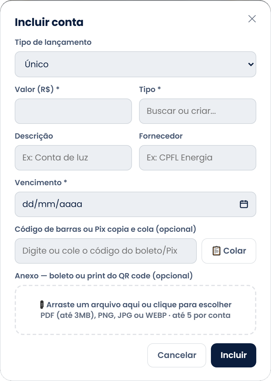 Popup Incluir conta com o tipo de lançamento Único