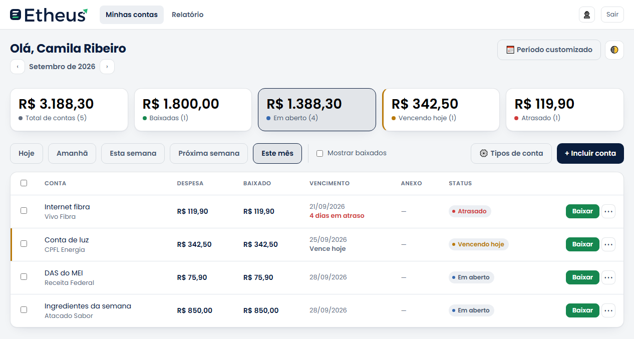 Tela Minhas contas do Etheus: totais do mês (total, baixadas, em aberto, vencendo hoje e atrasado), filtros por período e a lista de contas