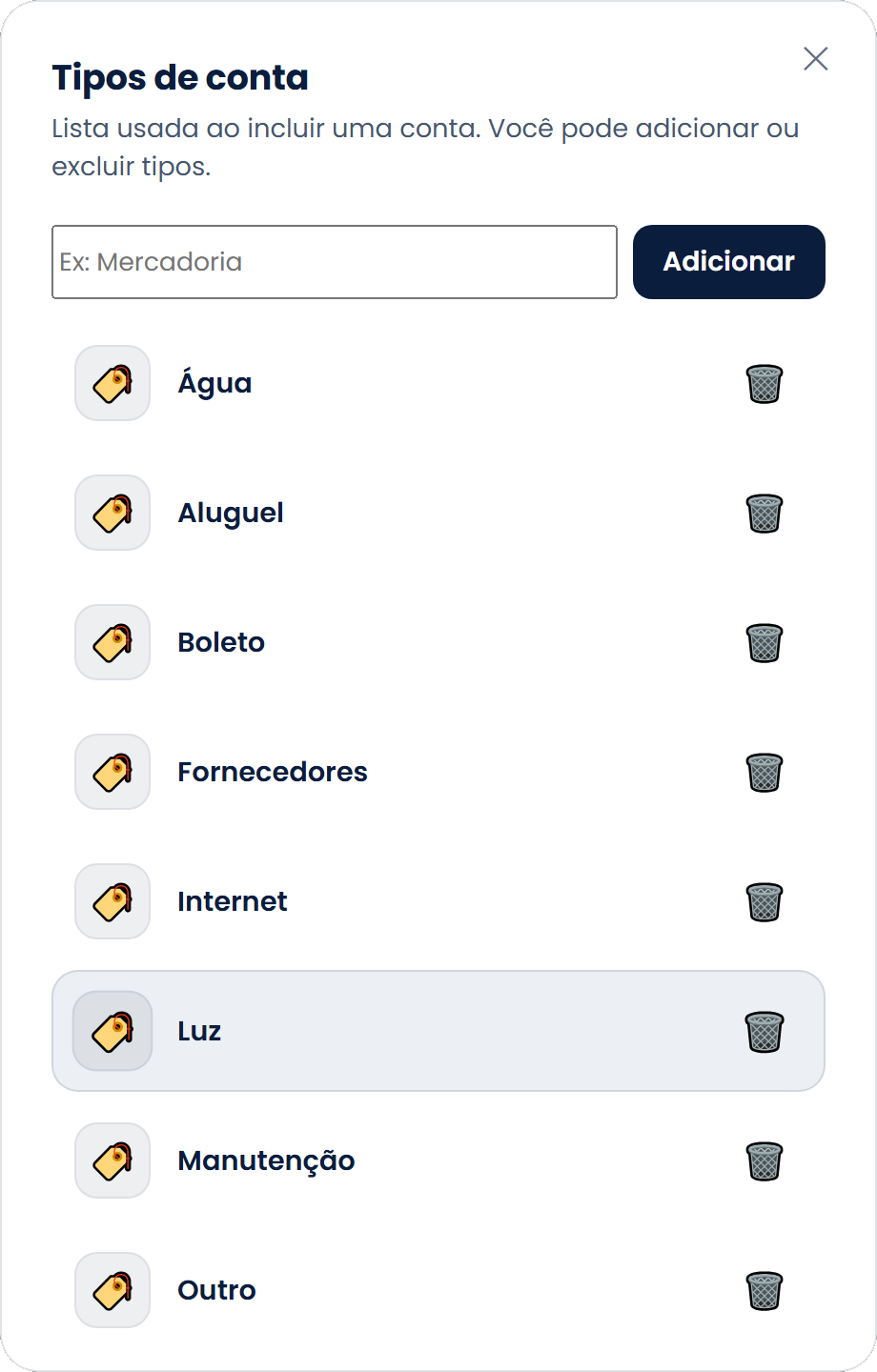 Popup Tipos de conta, com a lista personalizada de tipos e o botão Adicionar